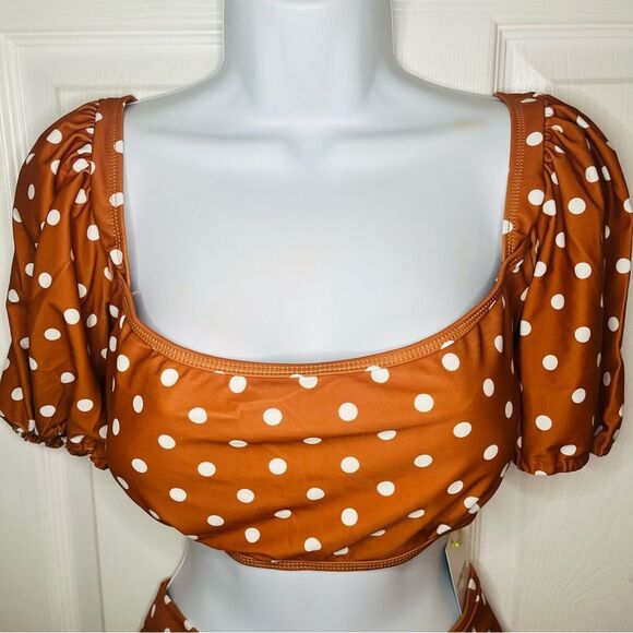 Marina West Brown White Polka Dot Two Piece Swimsuit Set Bikini Sleeve XL NWT - Picture 5 of 12